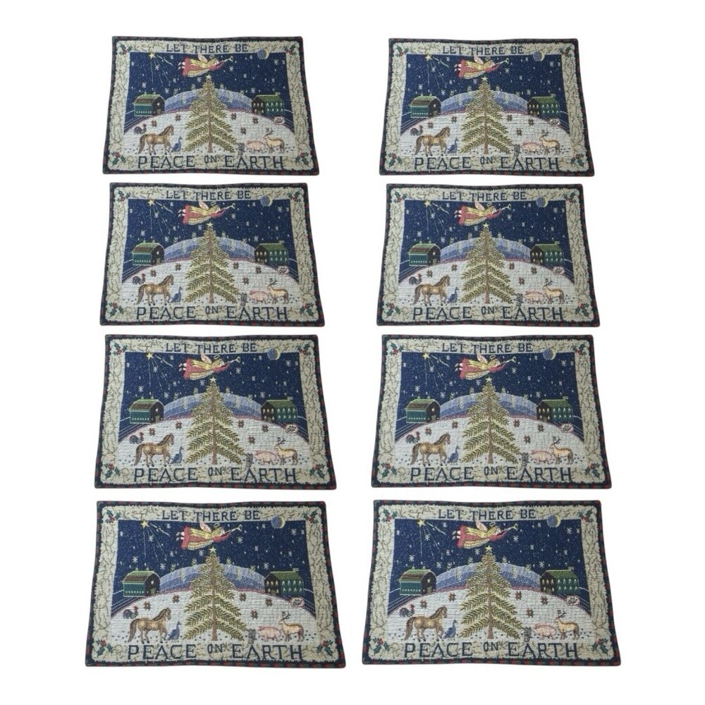 Christmas Tapestry Placemat Metallic Blue White Gold Set of 8 Peace on Earth